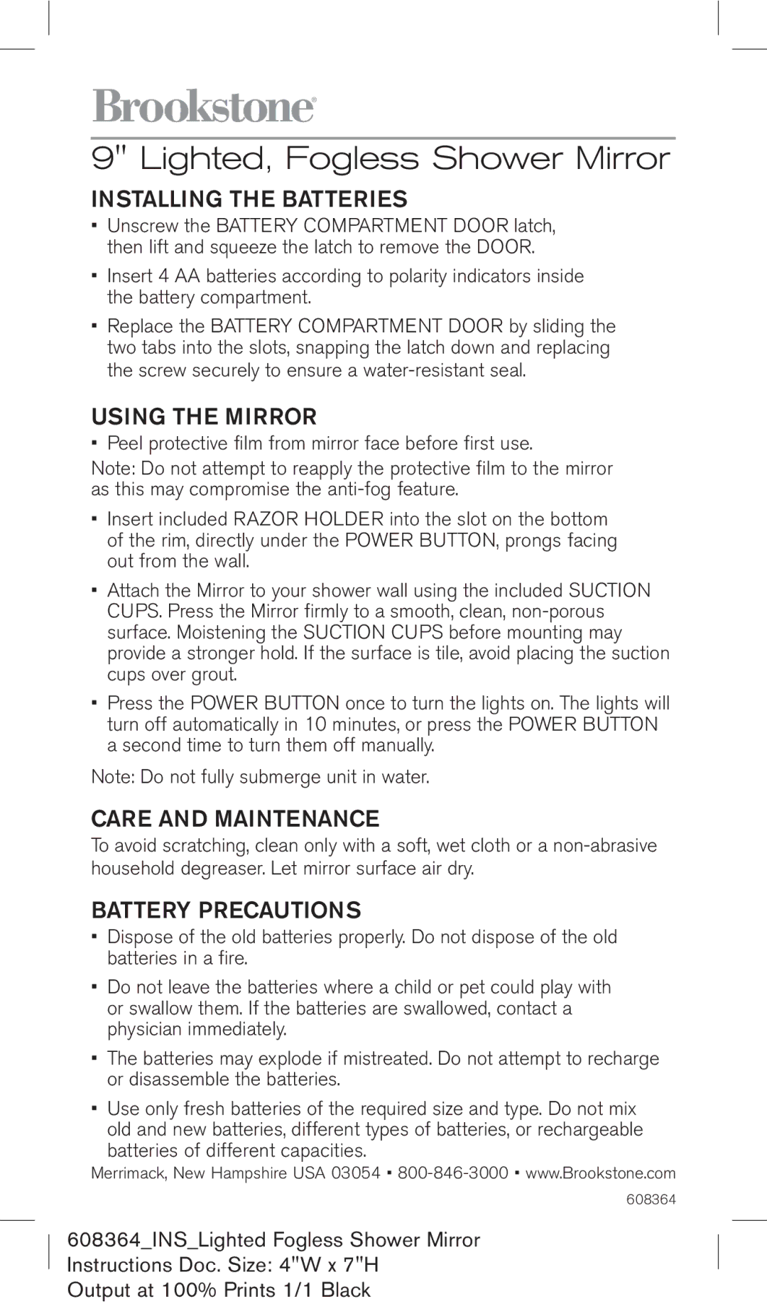 Brookstone 608364 manual Lighted, Fogless Shower Mirror, Installing the batteries, Using the mirror, Care and maintenance 