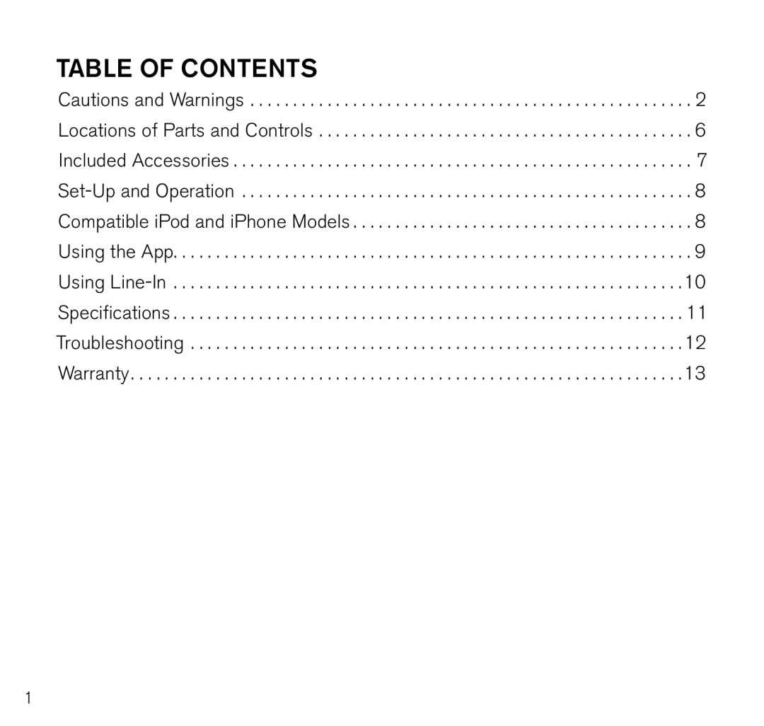 Brookstone 643403 manual Table of contents 