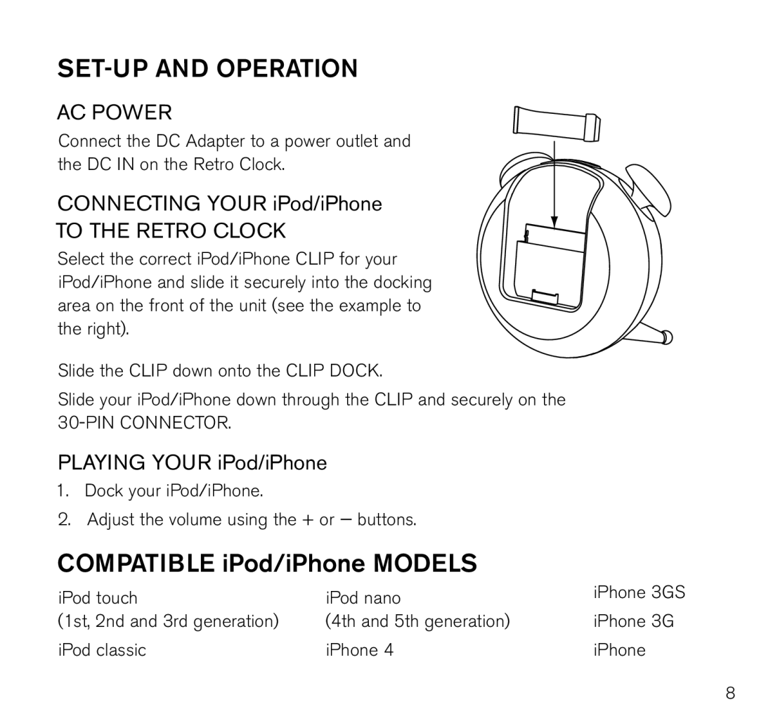 Brookstone 643403 manual Set-up and Operation, Compatible iPod/iPhone models 