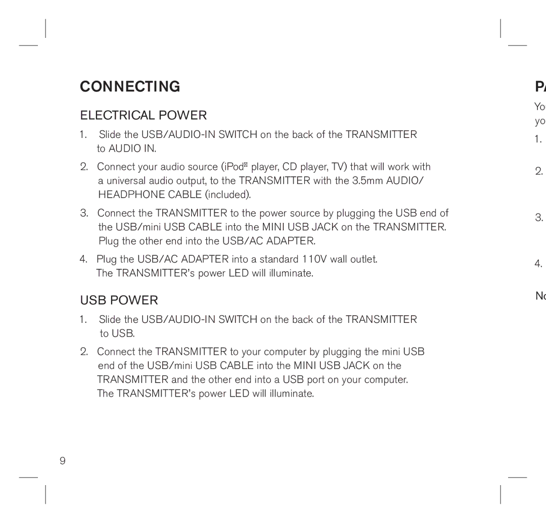 Brookstone 683417 manual Connecting, Electrical Power, USB Power 