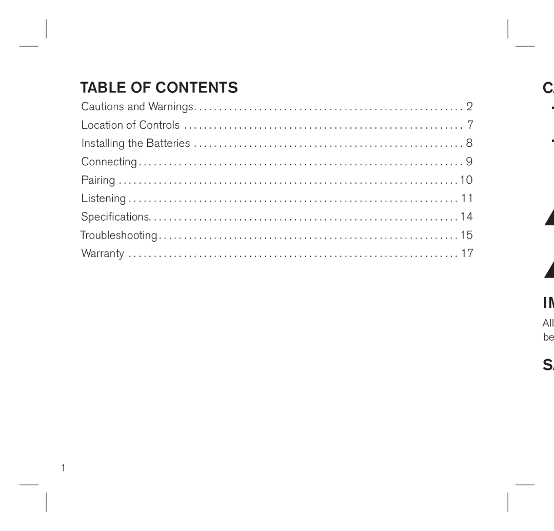 Brookstone 683417 manual Table of Contents 