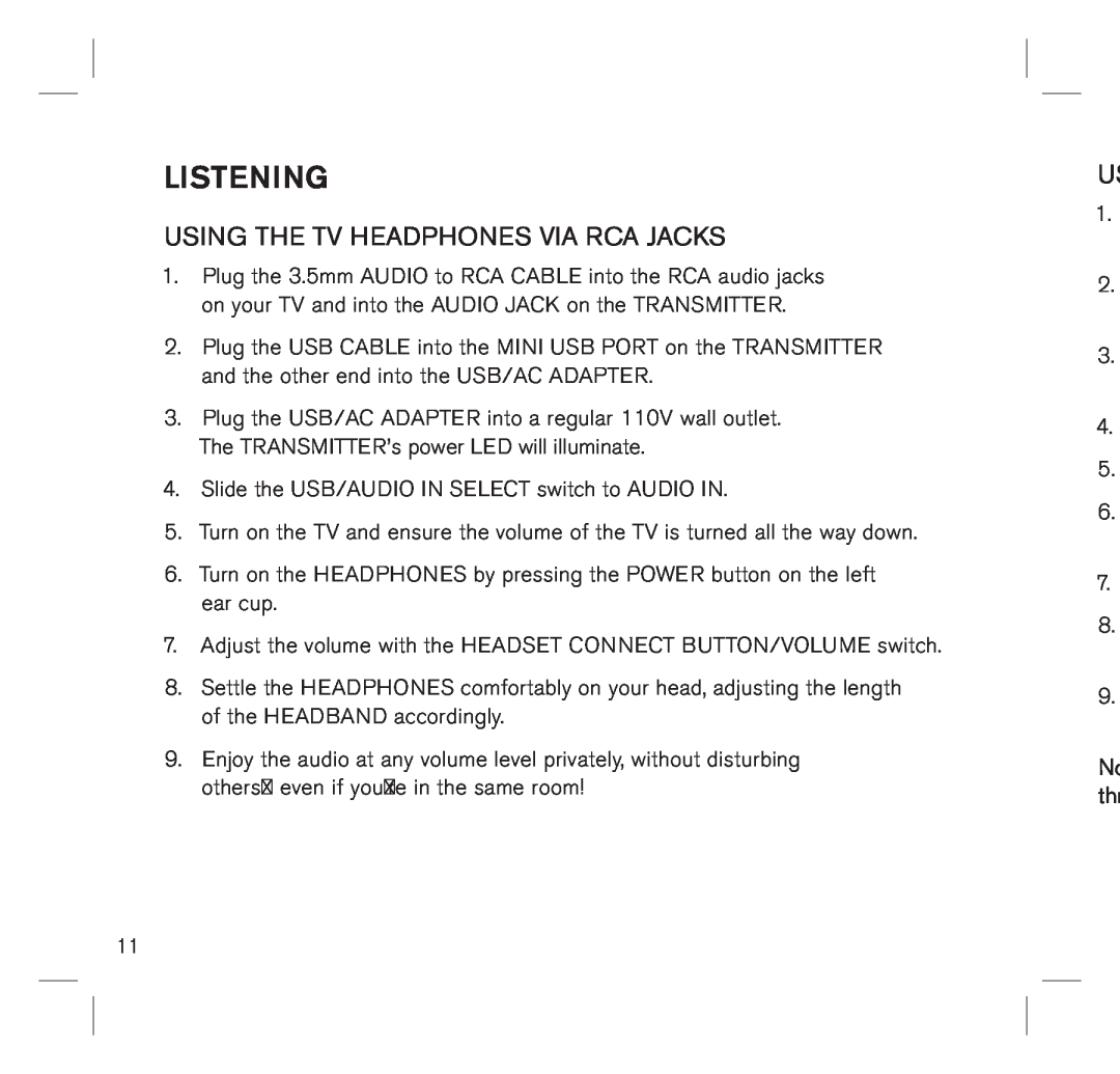 Brookstone 683417 manual Listeningus, Using The Tv Headphones Via Rca Jacks 