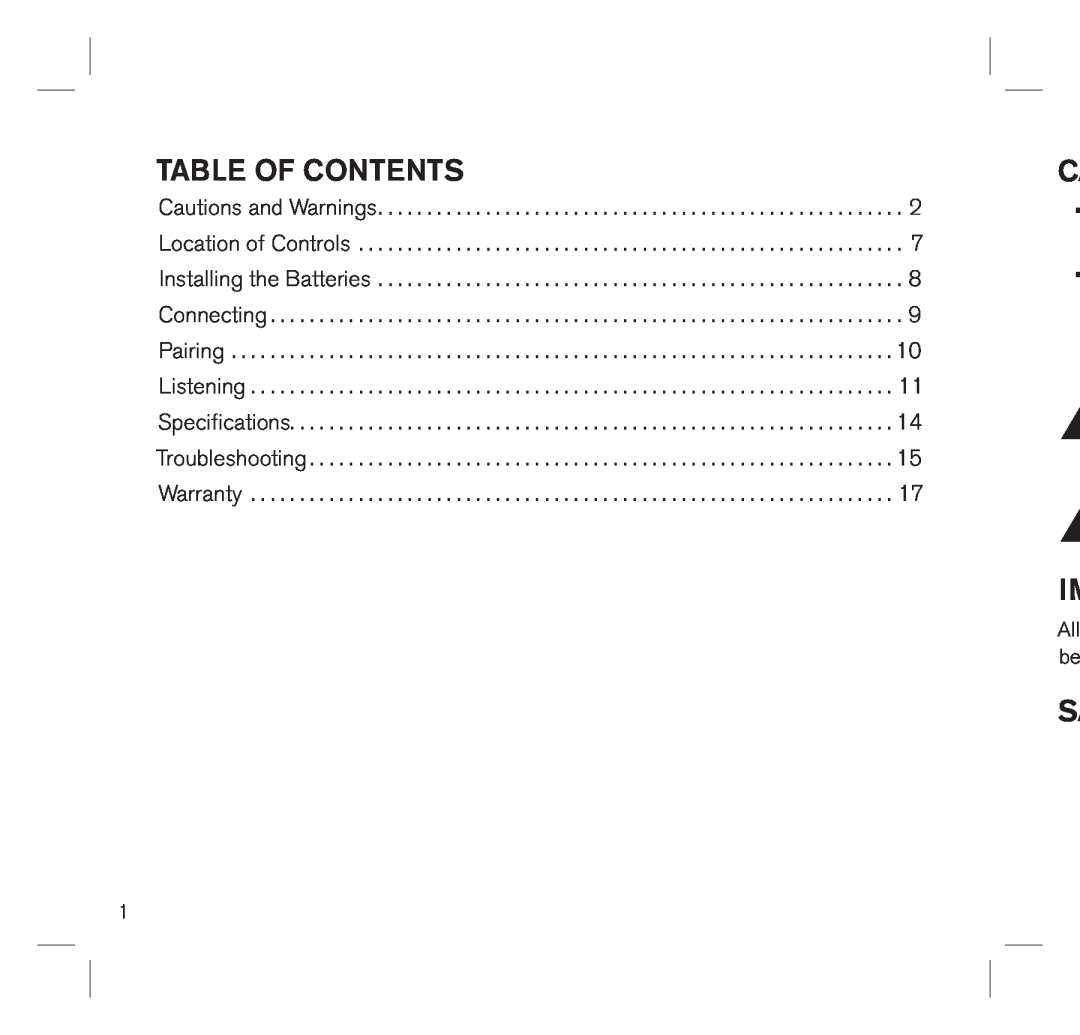 Brookstone 683417 manual Table Of Contents 