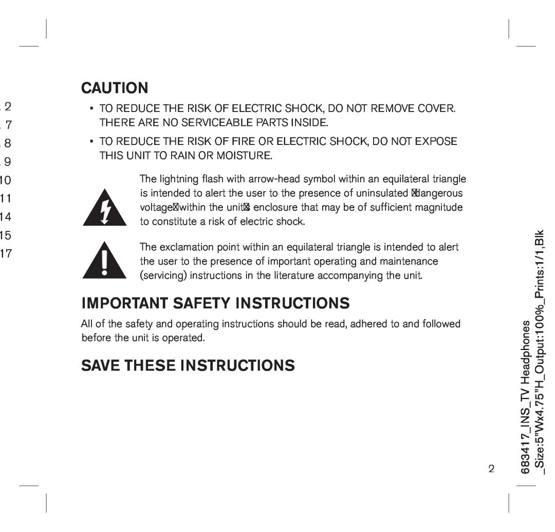 Brookstone 683417 manual Important Safety Instructions, Save These Instructions, 2 7 8 