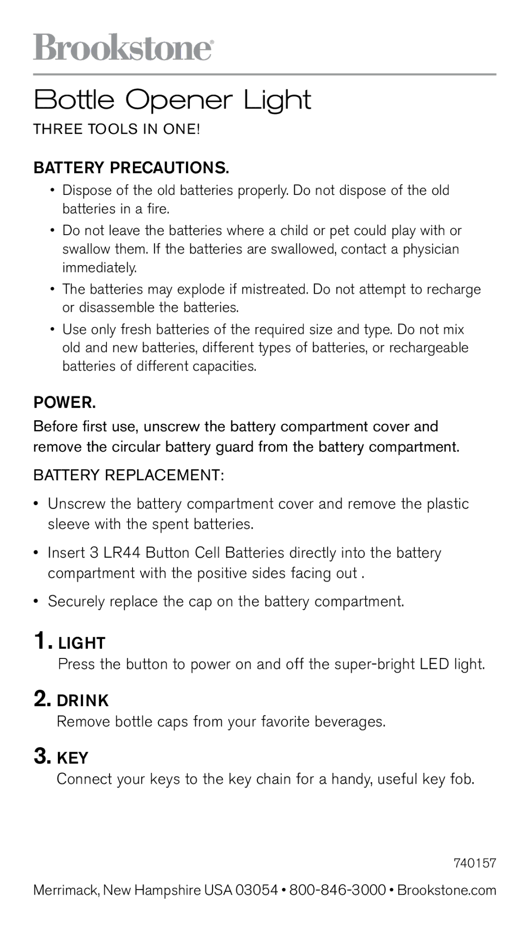 Brookstone 740157 manual Bottle Opener Light, Battery Precautions 