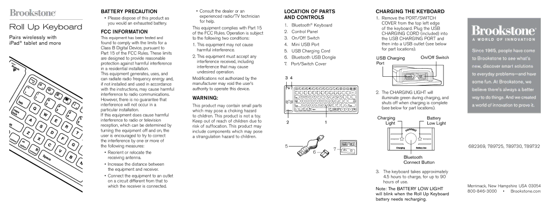 Brookstone 682369, 789732 manual Location of parts and controls, Charging the Keyboard, This equipment has been tested 