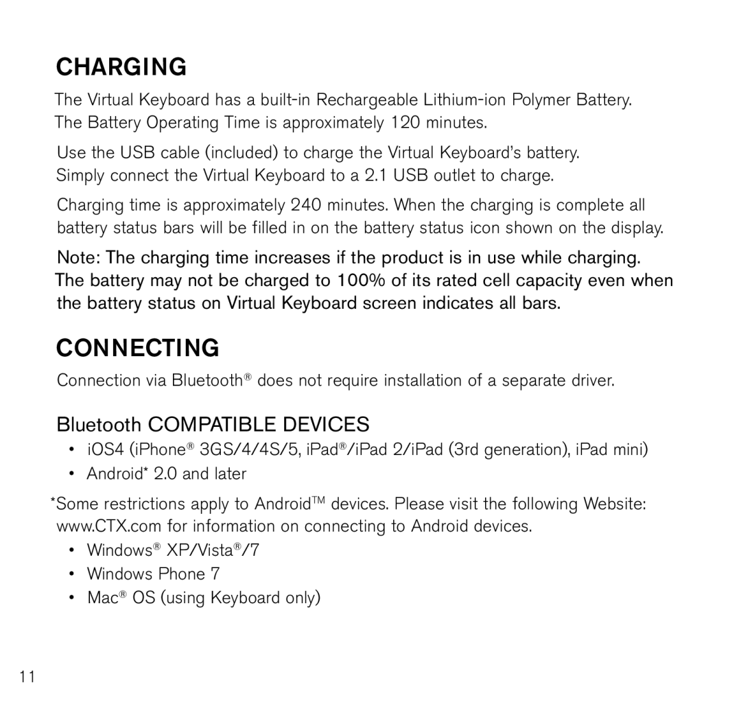 Brookstone 796246p manual Charging, Connecting, Bluetooth compatible devices 