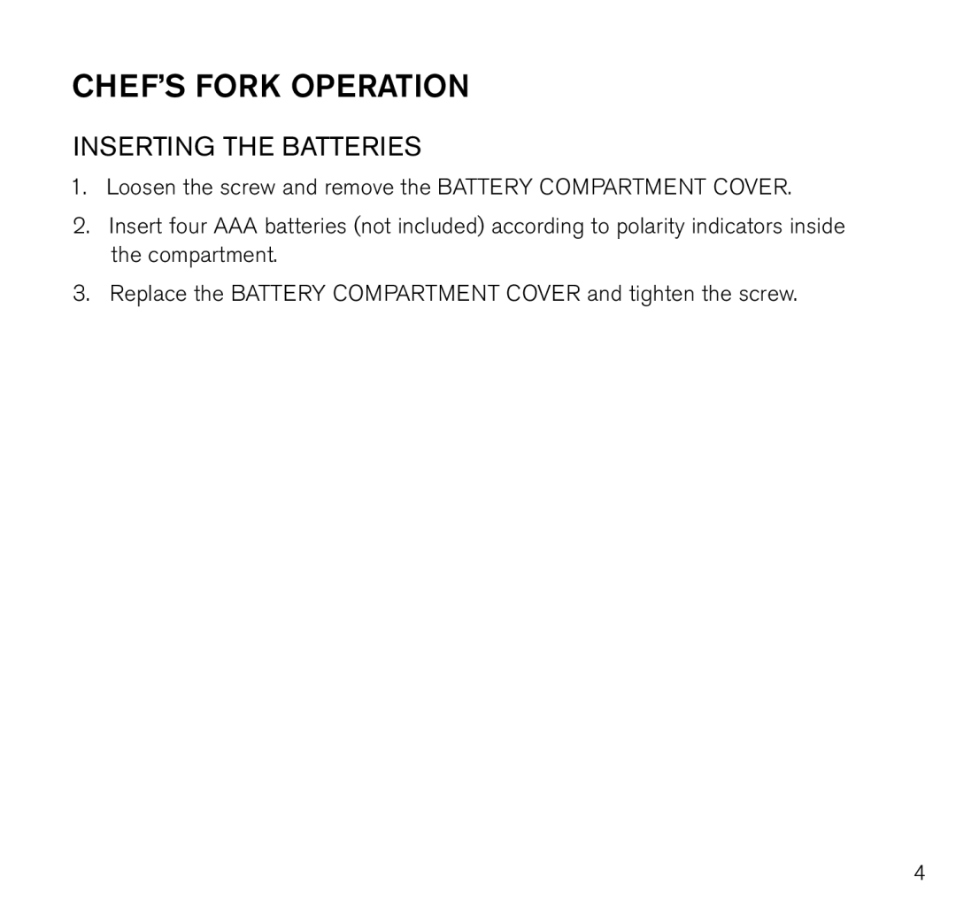 Brookstone 798333 manual Chef’s fork operation, Inserting the batteries 