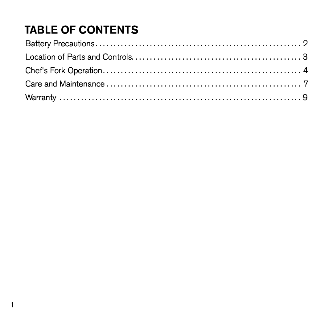 Brookstone 798333 Table of contents, Battery Precautions, Location of Parts and Controls, Chefs Fork Operation, Warranty 