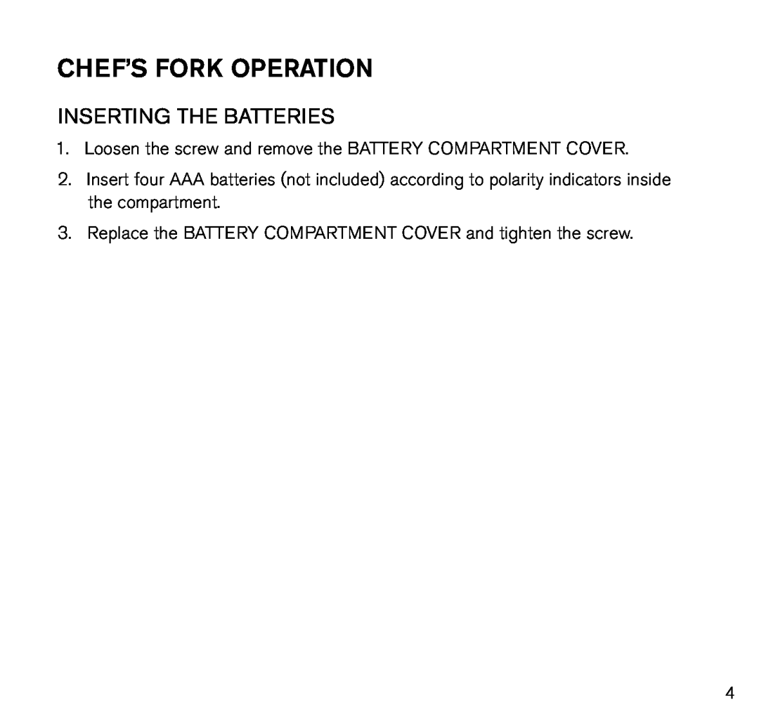 Brookstone 798333 manual Chef’s fork operation, Inserting the batteries 