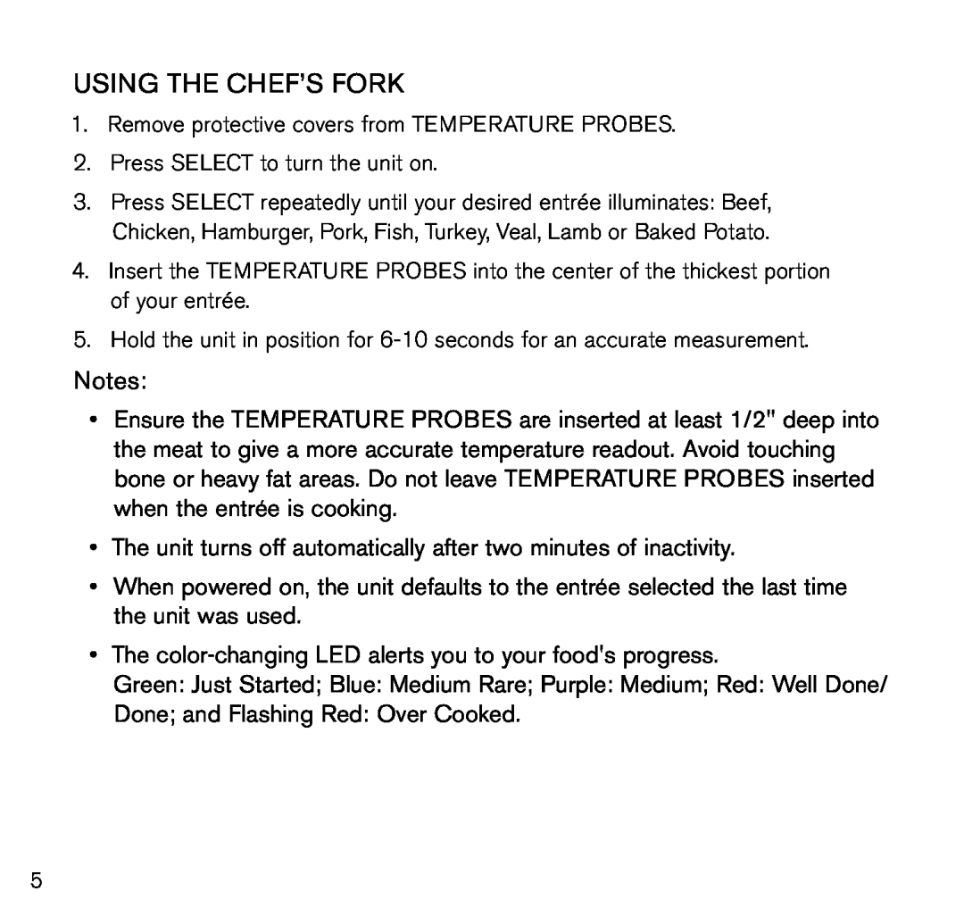 Brookstone 798333 manual USING THE chef’s fork 