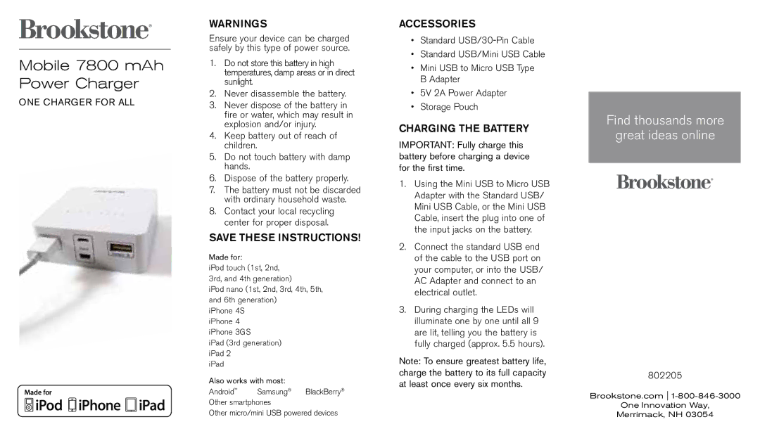 Brookstone Mobile 7800 mAh manual Accessories, Charging the Battery, One charger for all, 802205 