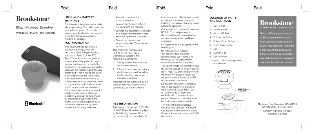 Brookstone 840045, 840046 manual Fold, LITHIUM-ION Battery, FCC Information, RSS Information, Location of Parts Controls 