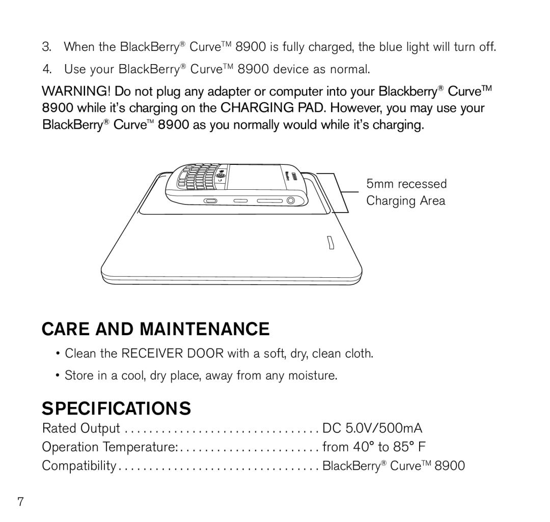 Brookstone 8900 manual Care and maintenance, Specifications 