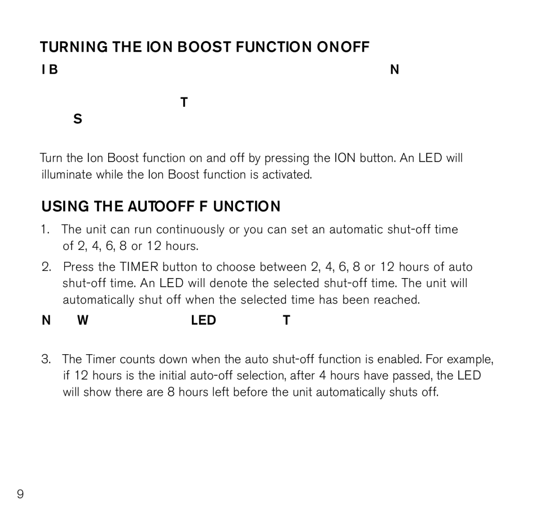 Brookstone Air Cleaner manual Turning the ion boost function ON/OFF, Using the AUTO-OFF Function 