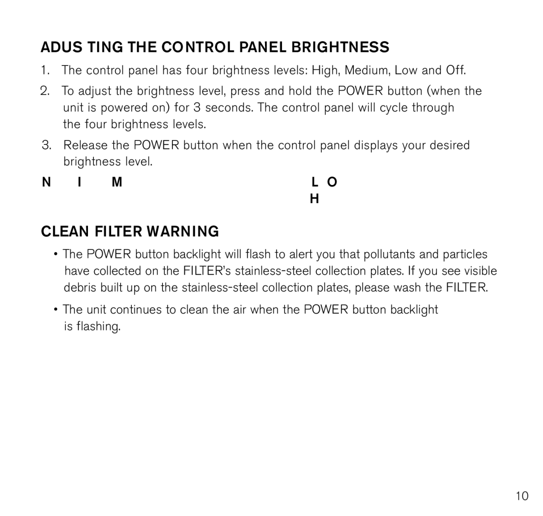 Brookstone Air Cleaner manual Adjusting the Control Panel Brightness, Clean filter warning 