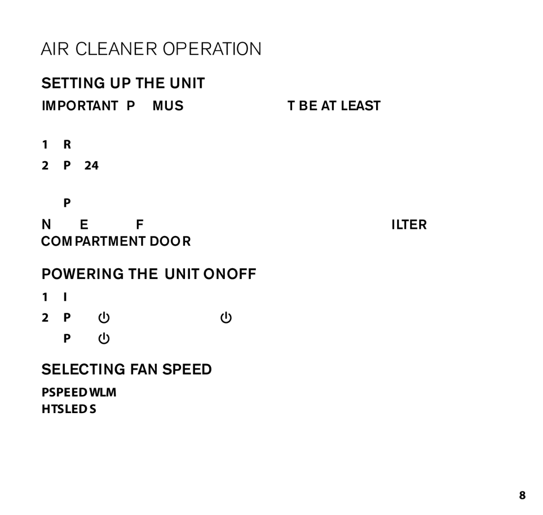 Brookstone Air Cleaner manual AIR Cleaner Operation, Setting Up the Unit, Powering the unit on/off 