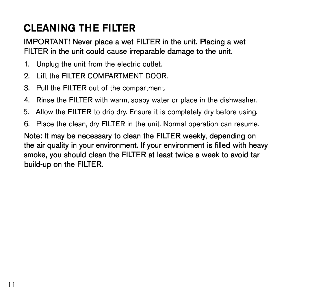 Brookstone Air Cleaner manual Cleaning the filter 