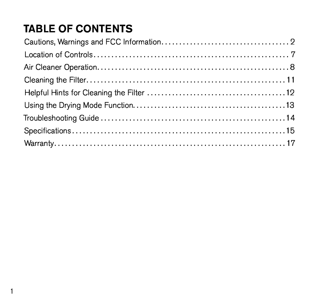 Brookstone Air Cleaner manual Table of contents 