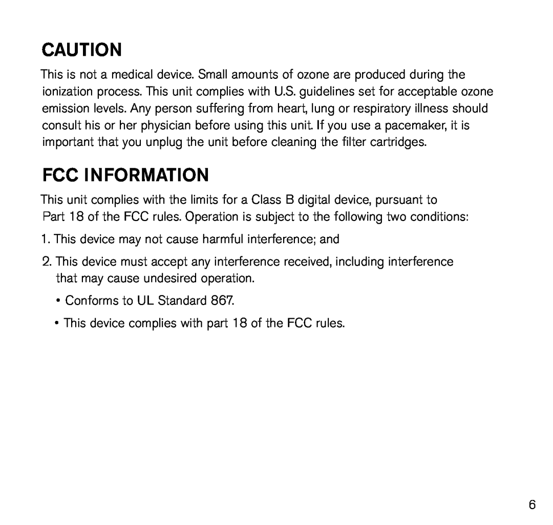 Brookstone Air Cleaner manual Fcc Information 
