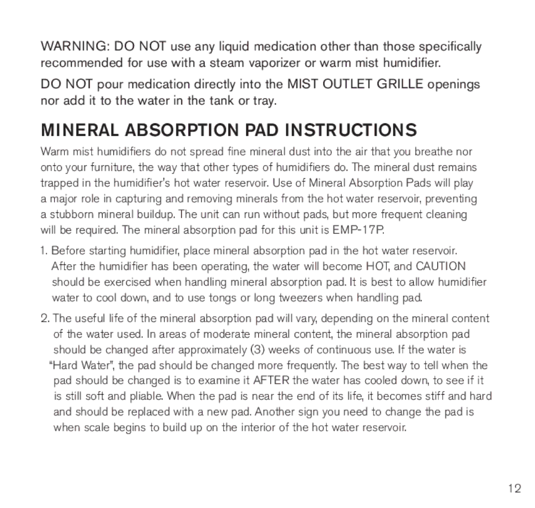 Brookstone BWM-2110 manual Mineral Absorption PAD Instructions 