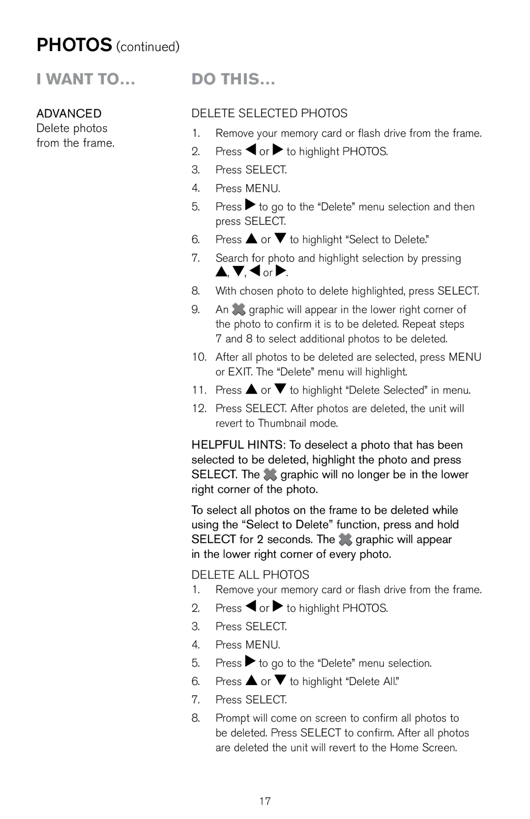 Brookstone Digital Photo Frame manual Advanced Delete photos from the frame, Delete Selected Photos 