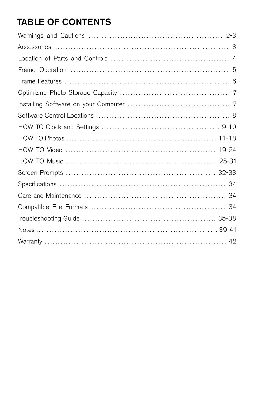 Brookstone Digital Photo Frame manual Table of Contents 