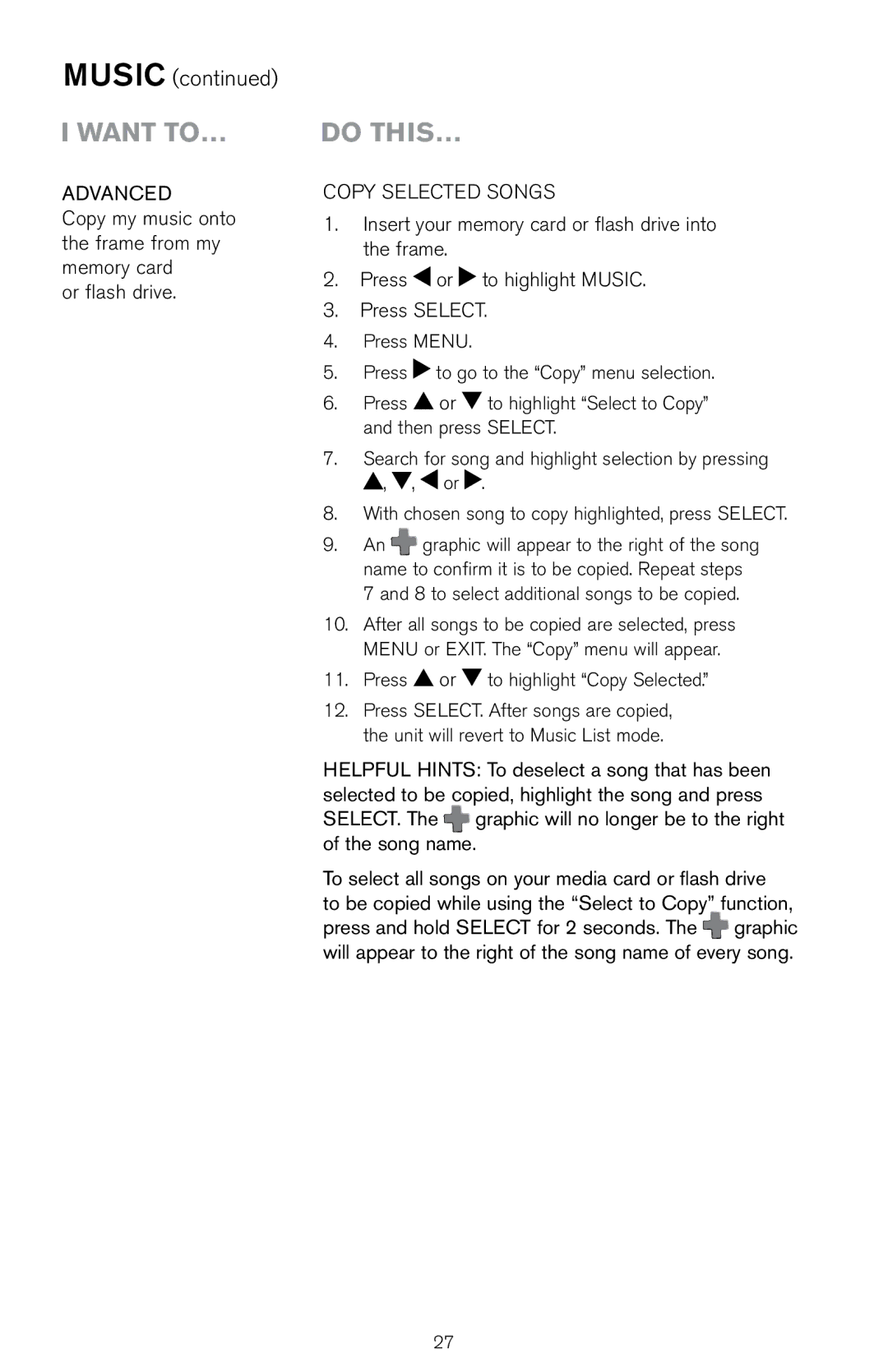 Brookstone Digital Photo Frame manual Advanced, Copy Selected Songs 