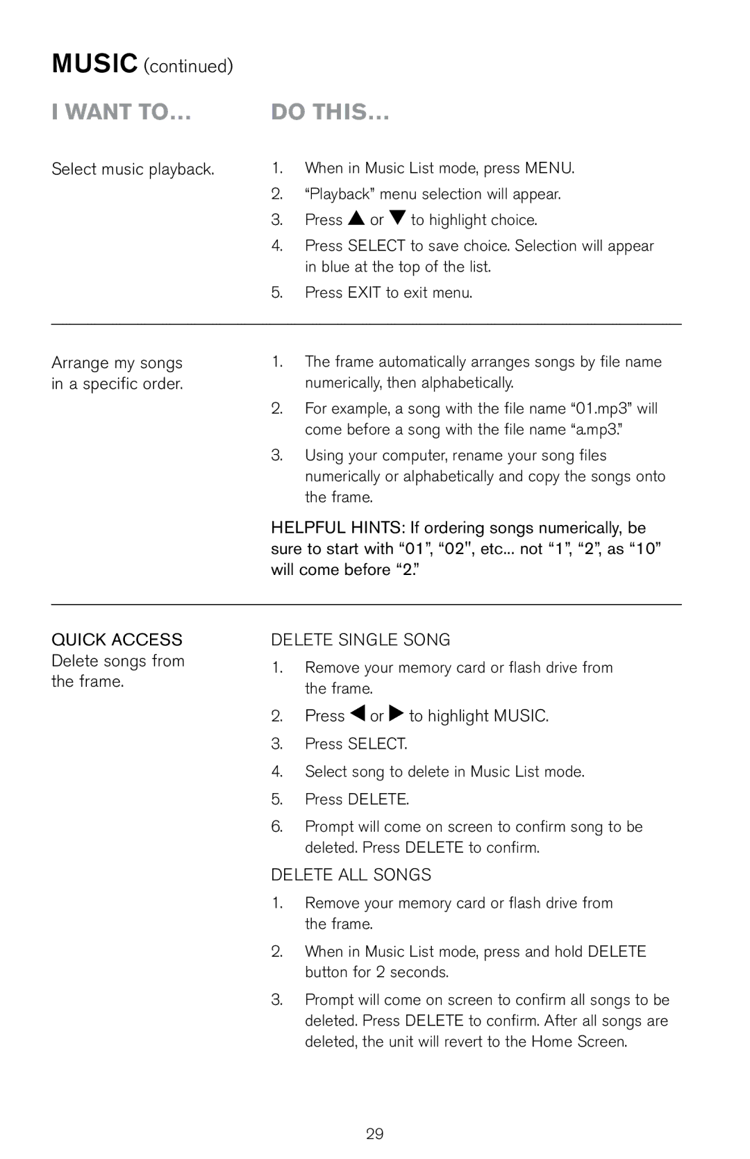 Brookstone Digital Photo Frame manual Select music playback, Arrange my songs, A specific order, Delete Single Song 