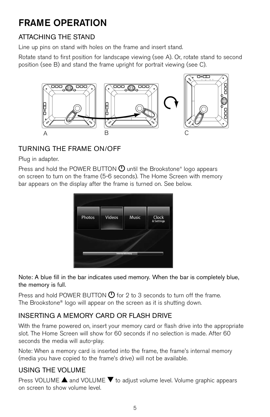 Brookstone Digital Photo Frame manual Frame operation, Abc, Plug in adapter 