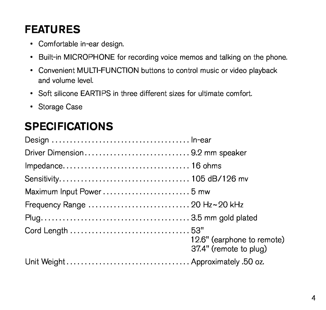 Brookstone E5 manual Features, Specifications 