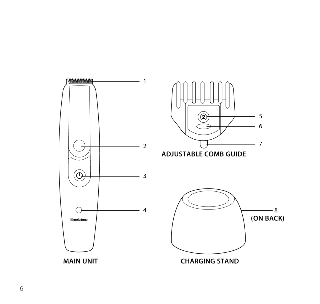 Brookstone Electric Shaver manual Adjustable comb guide On back Main unit Charging stand 