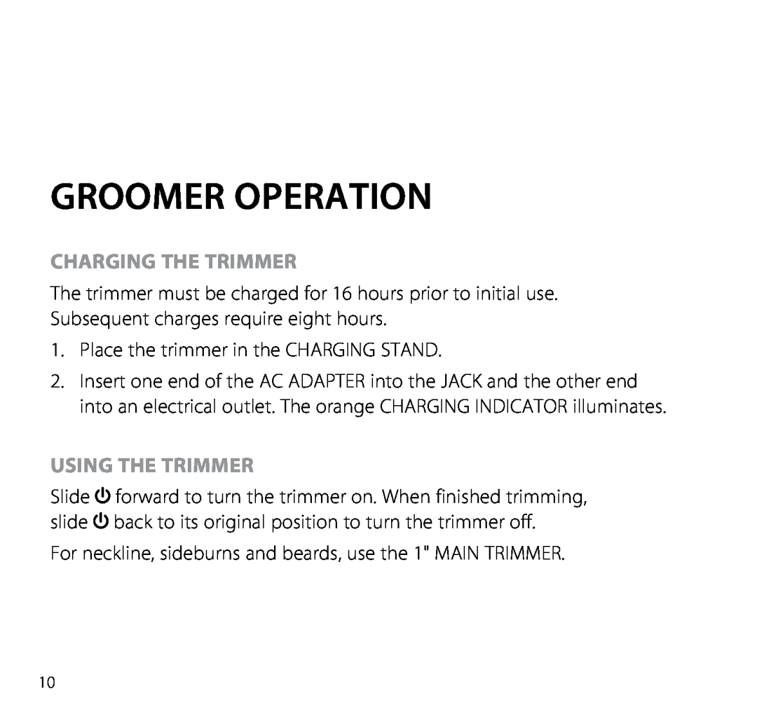Brookstone Electric Shaver manual Groomer Operation, Charging the Trimmer, Using the Trimmer 