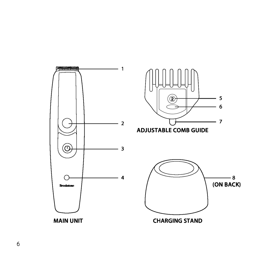 Brookstone Electric Shaver manual adjustable comb guide, on back, main unit, charging stand 