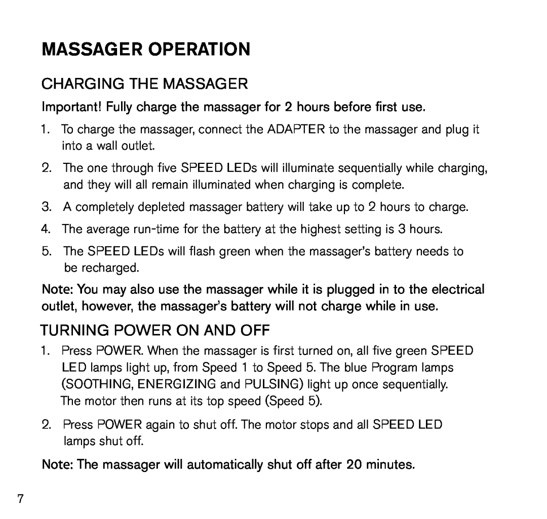 Brookstone MAX 2 manual Massager OPERATION, Charging the Massager, Turning Power On and Off 