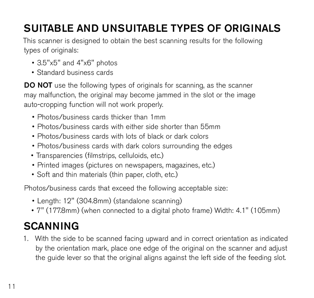 Brookstone Photo Printer manual Suitable and unsuitable types of originals, Scanning 