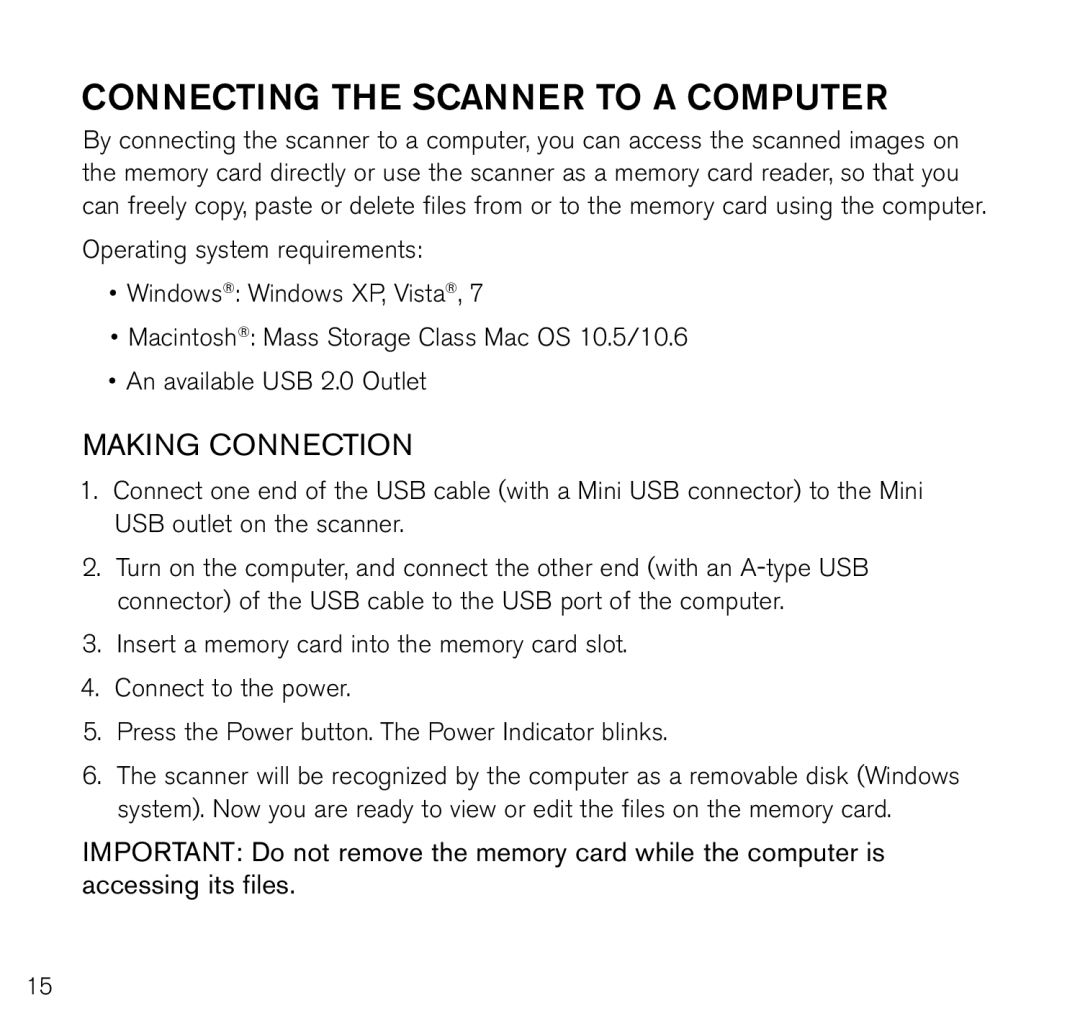 Brookstone Photo Printer manual Connecting the scanner to a computer, Making connection 