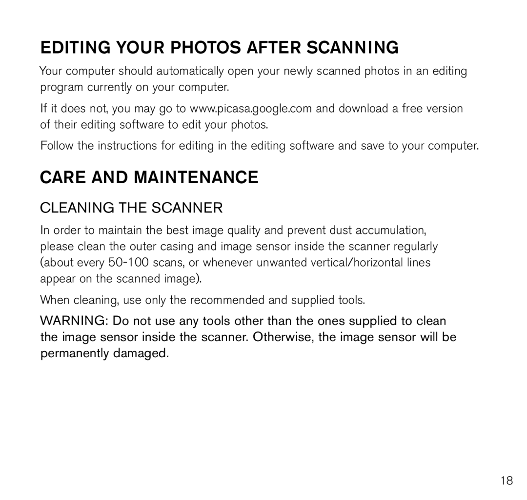 Brookstone Photo Printer manual Editing your photos after scanning, Care and maintenance, Cleaning the scanner 