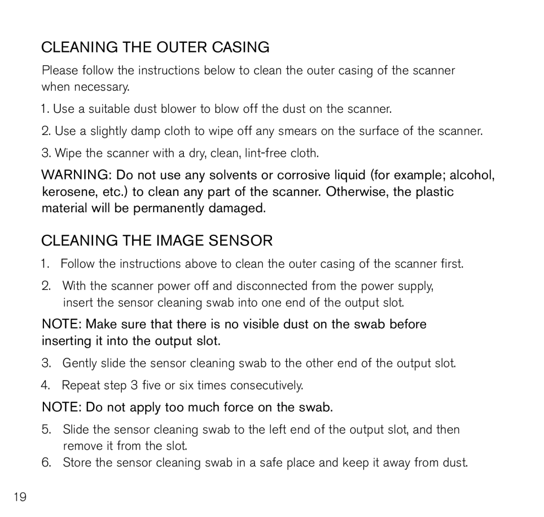 Brookstone Photo Printer manual Cleaning the outer casing, Cleaning the image sensor 