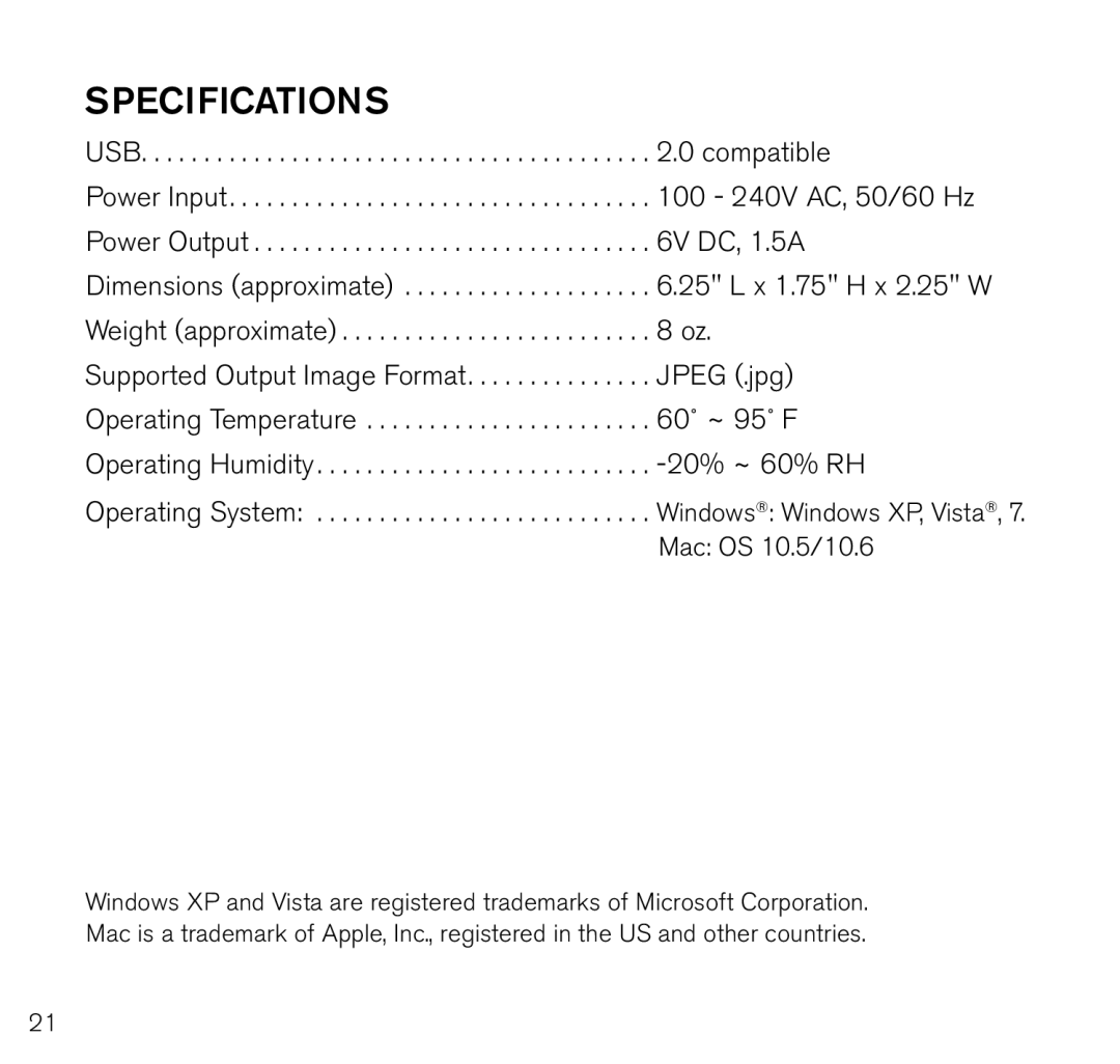 Brookstone Photo Printer manual Specifications, 20% ~ 60% RH 