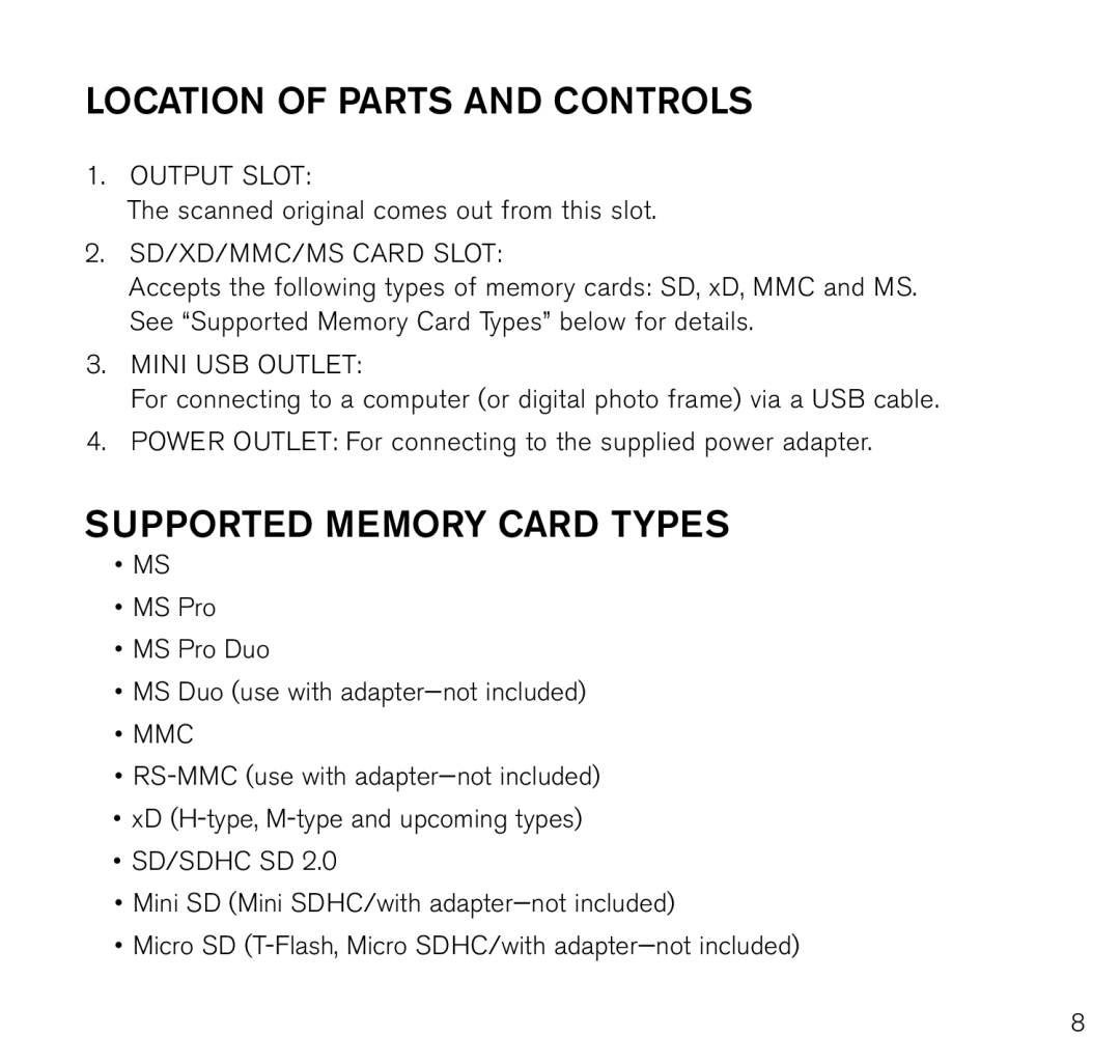 Brookstone Photo Printer manual Supported memory card types, Mmc 