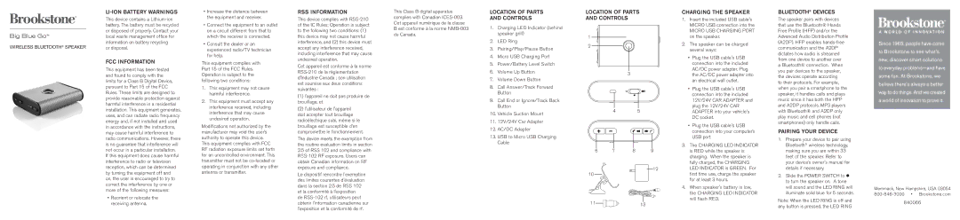 Brookstone WIRELESS BLUETOOTH SPEAKER owner manual LI-ION Battery Warnings, FCC Information, RSS Information 