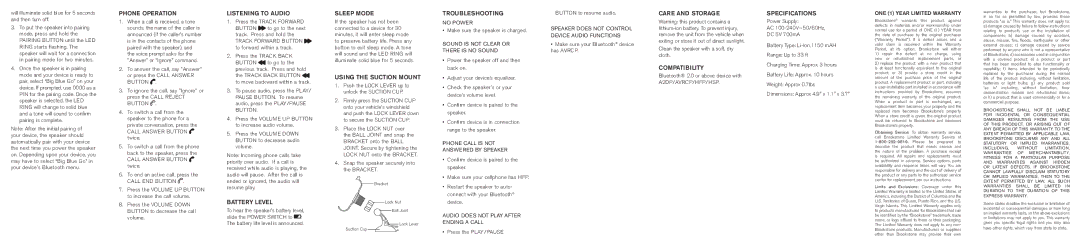 Brookstone WIRELESS BLUETOOTH SPEAKER Phone Operation, Listening to Audio, Battery Level, Sleep Mode, Troubleshooting 