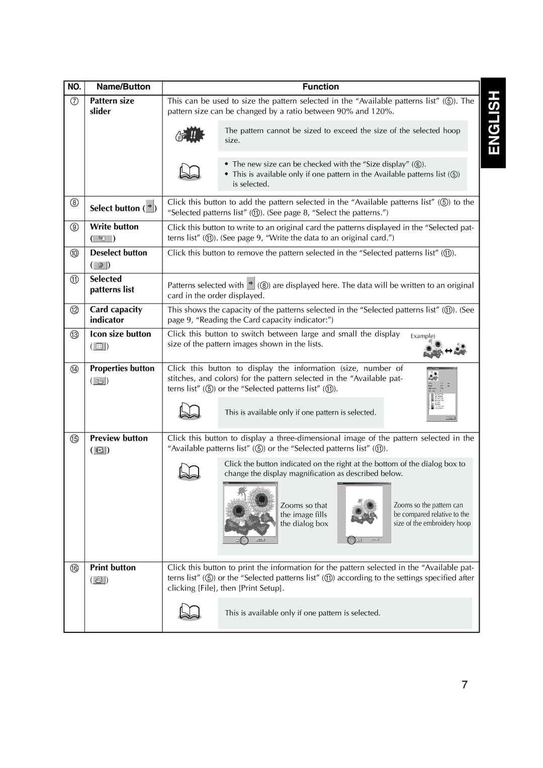 Brother PED Basic, 1 Slider, Select button, Write button, Selected, Indicator, Icon size button, Properties button 