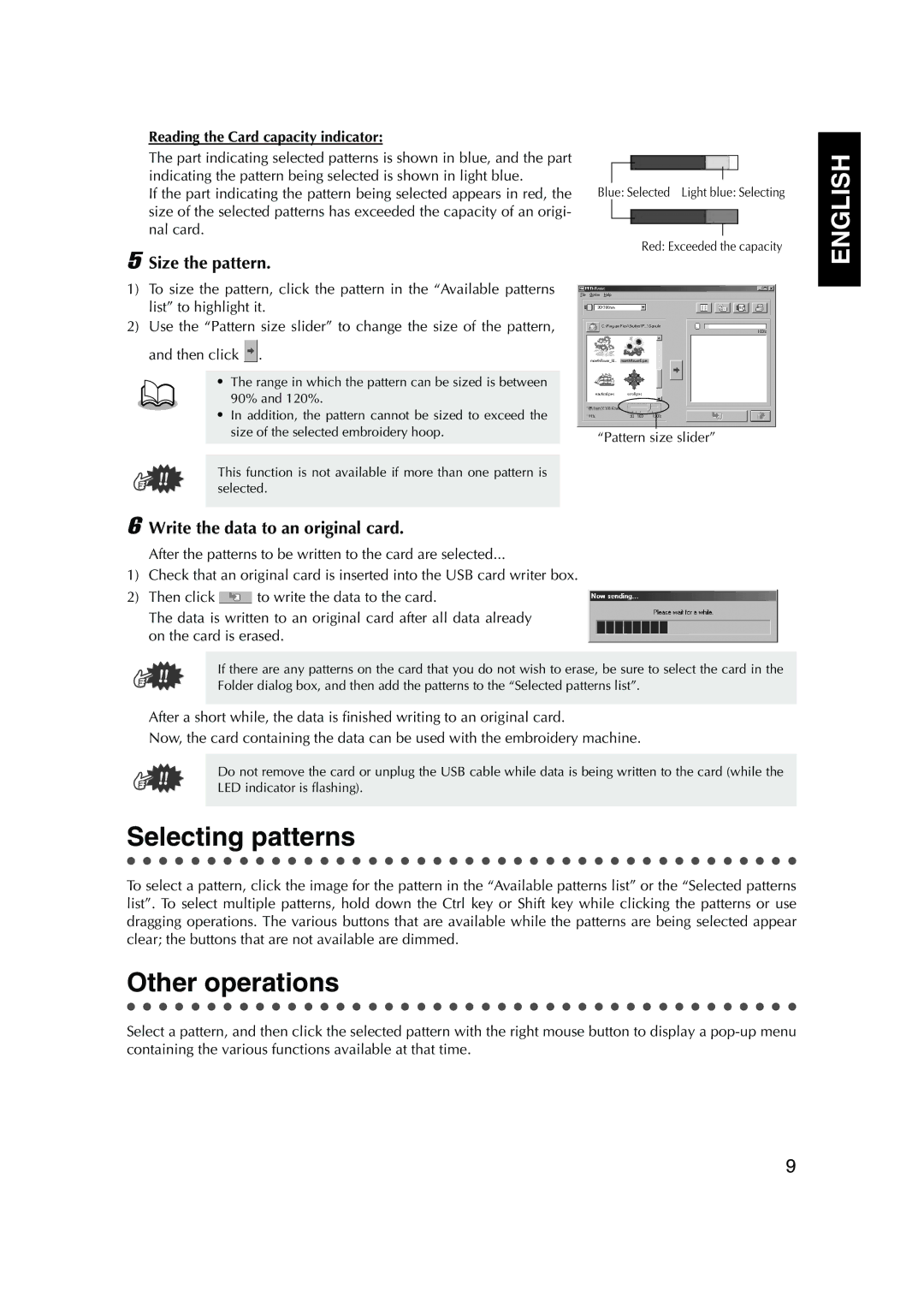 Brother PED Basic, 1 Selecting patterns, Other operations, Size the pattern, Write the data to an original card 