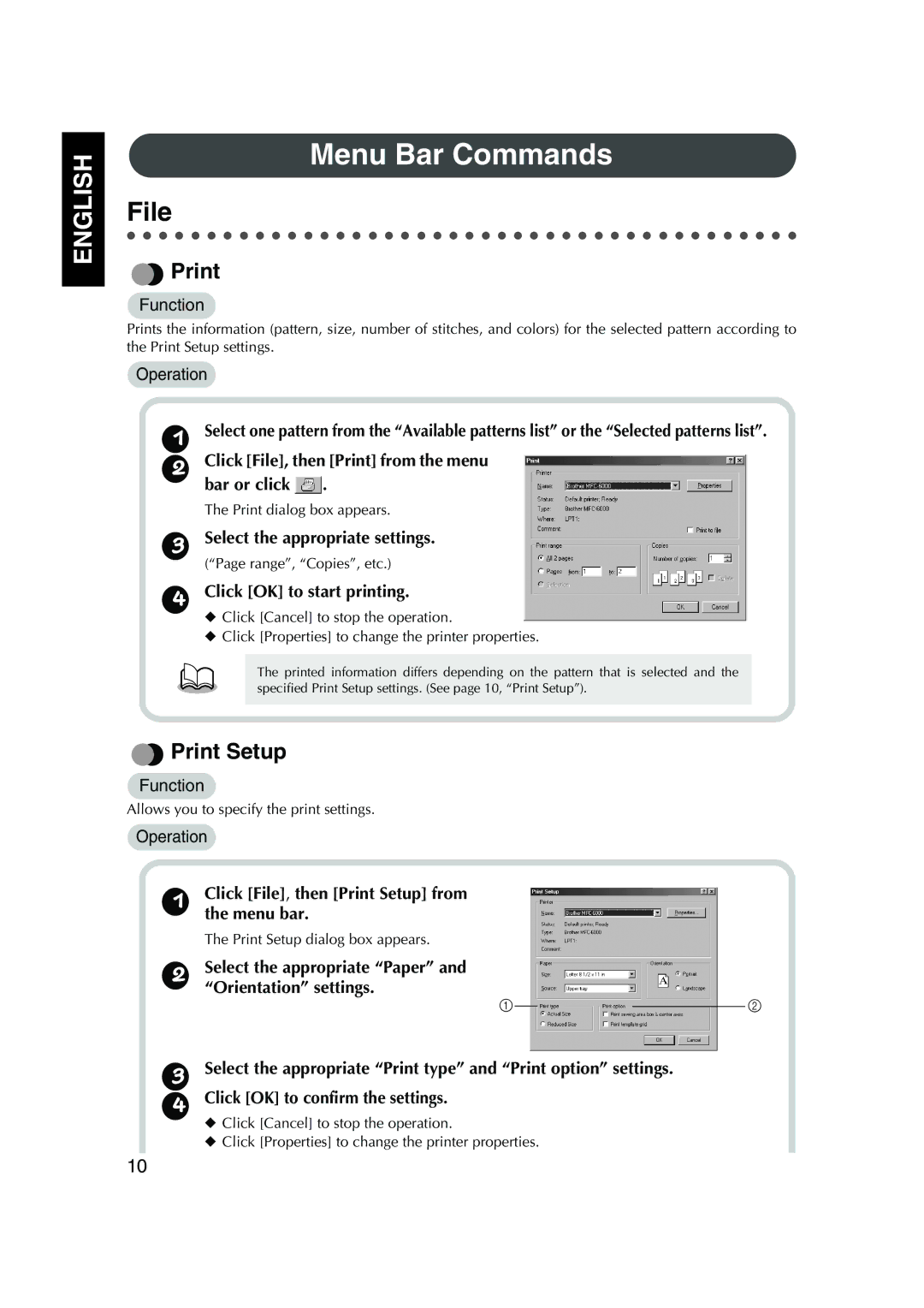 Brother 1, PED Basic instruction manual Menu Bar Commands, File, Print Setup 