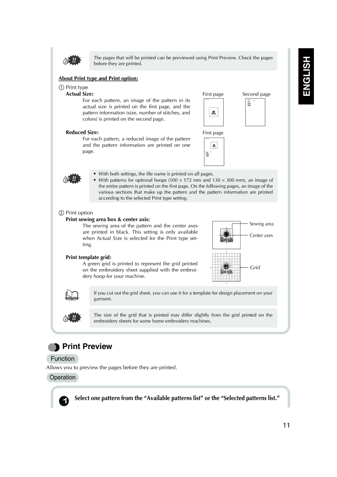 Brother PED Basic Print Preview, About Print type and Print option 1 Print type Actual Size, Reduced Size 