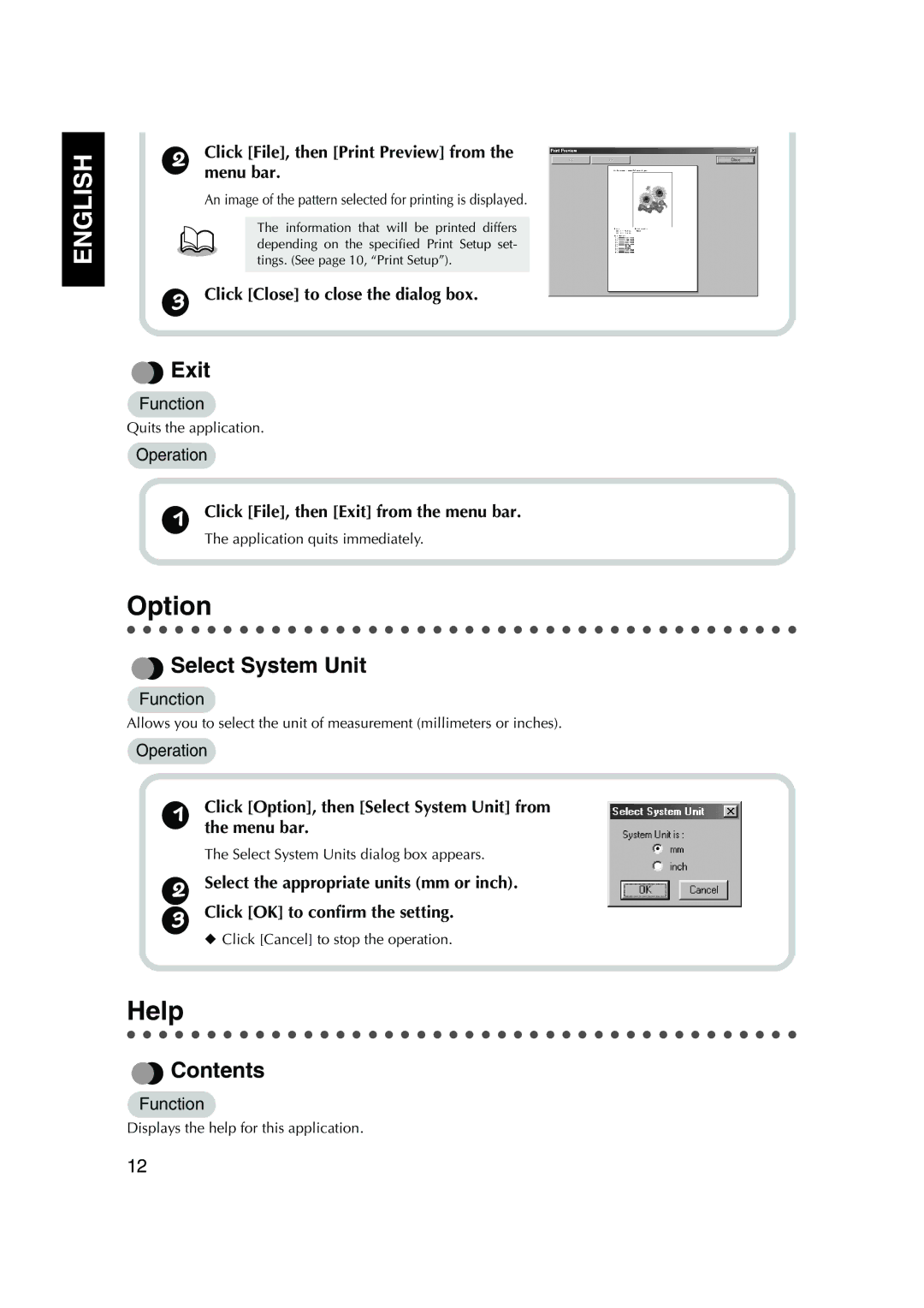 Brother 1, PED Basic instruction manual Option, Help, Exit, Select System Unit, Contents 