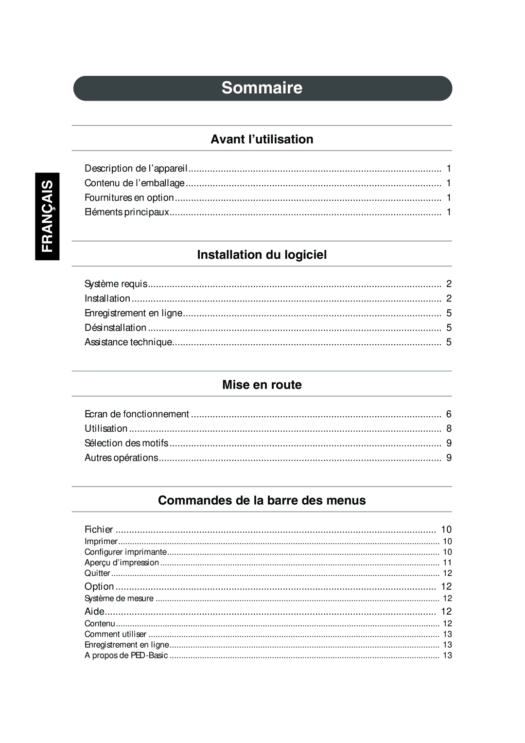 Brother 1 Sommaire, Avant l’utilisation, Installation du logiciel, Mise en route, Commandes de la barre des menus 