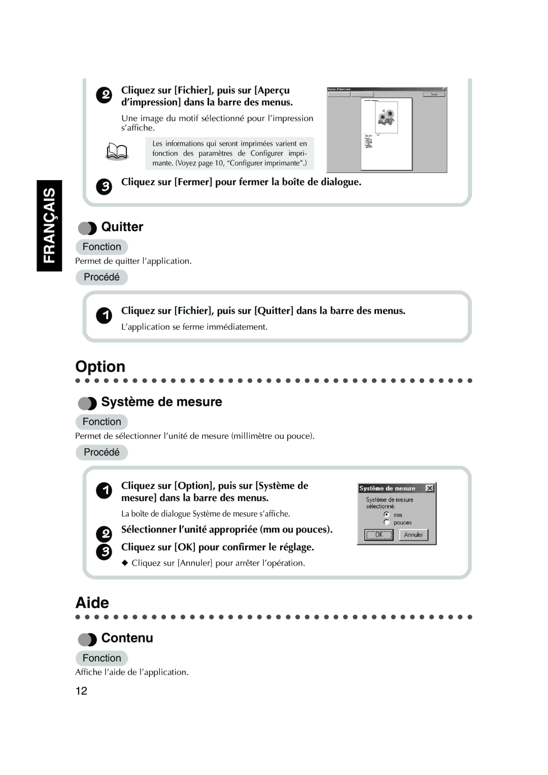 Brother 1, PED Basic Aide, Quitter, Système de mesure, Contenu, Cliquez sur Fermer pour fermer la boîte de dialogue 